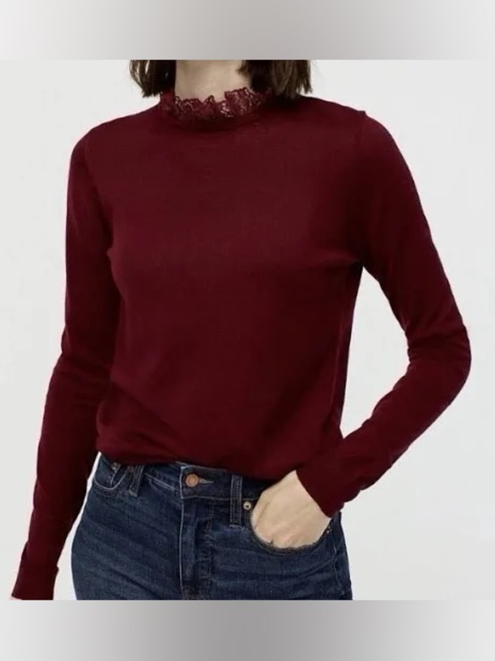 J. Crew Tippi Lace Collar Detail Sweater- Vintage Burgundy Lace